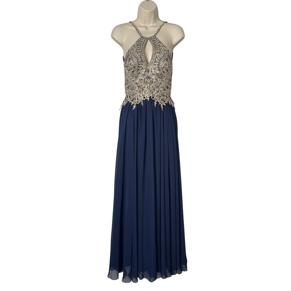 Dave & Johnny Beaded Halter Keyhole Gown Maxi Dress Navy Gold 1/2 Formal Prom
